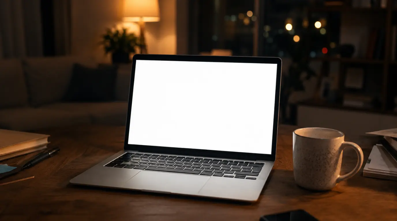 A silver laptop open on a wooden desk showing a completely blank, solid white screen next to a coffee mug.