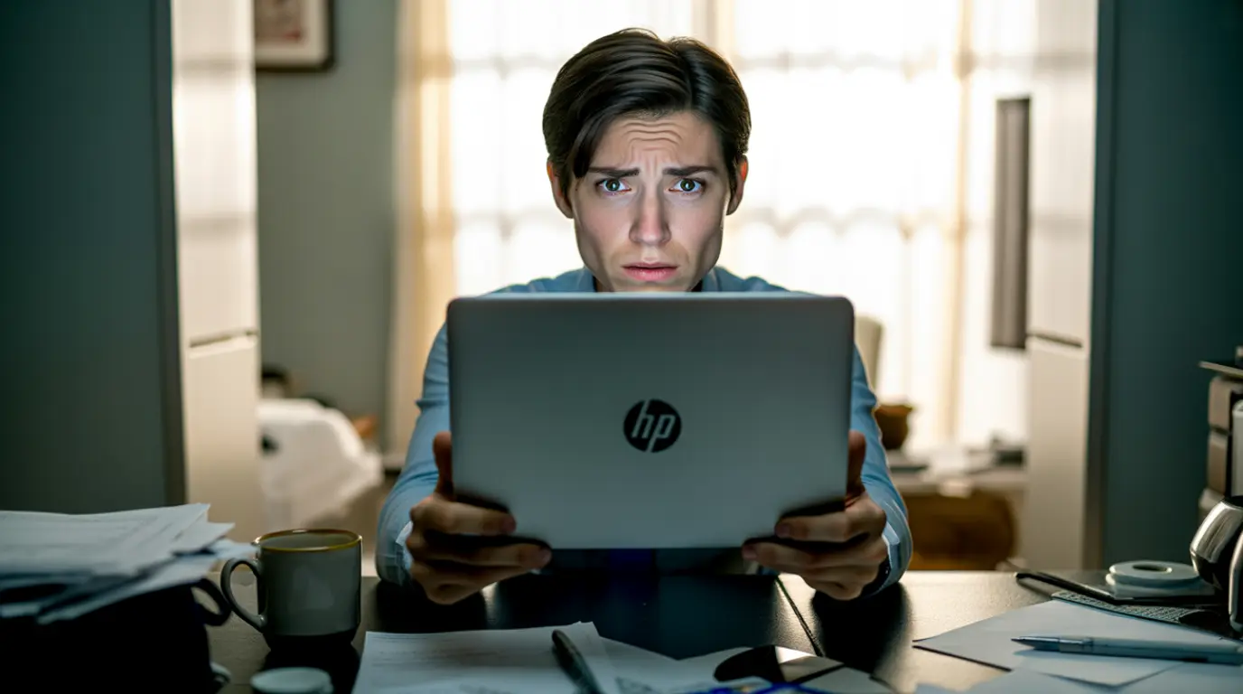 Person examining an HP laptop screen with a visible black line.