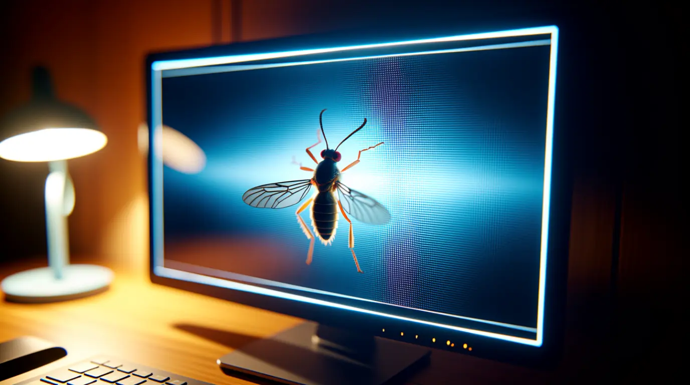 A close-up real photo of a tiny insect trapped inside a glowing computer monitor.