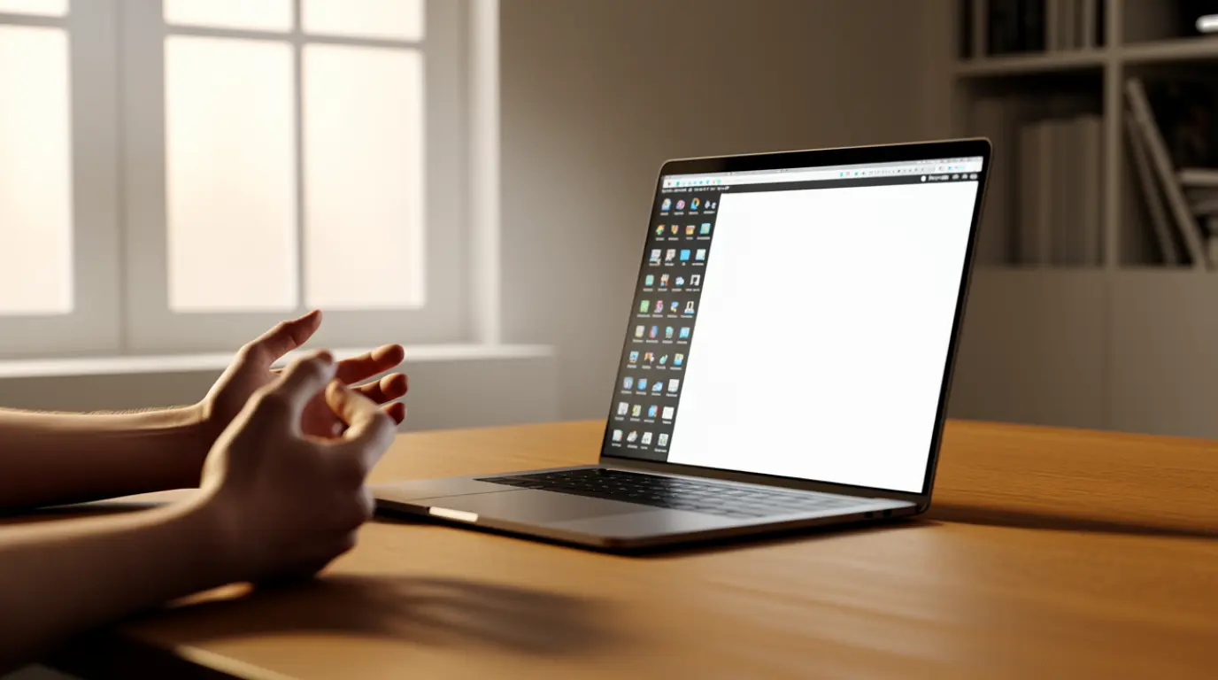 Laptop screen showing half normal display and half solid white glow on a desk.