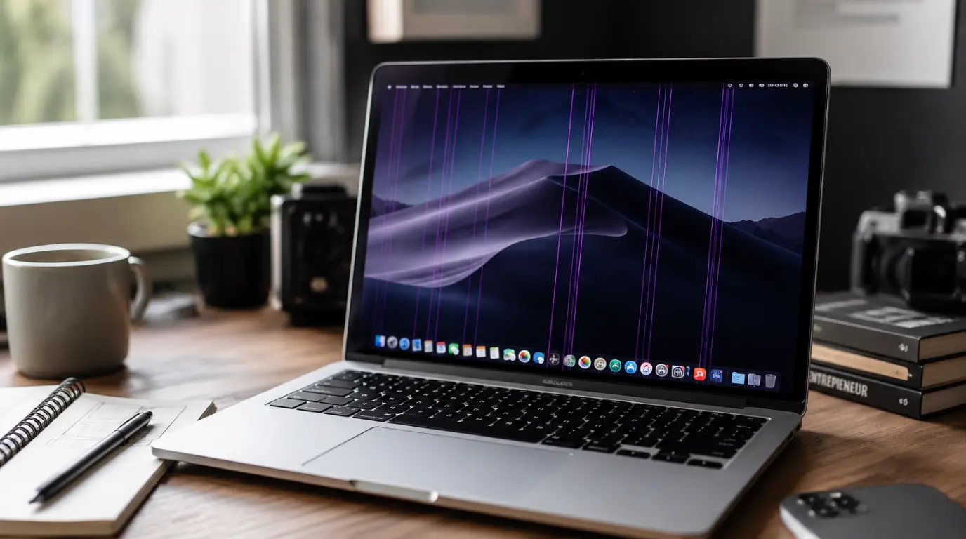 MacBook screen displaying faint purple vertical lines while sitting open on a wooden desk.