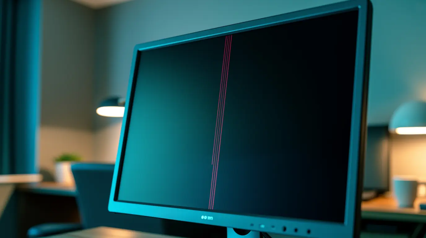 Close-up of a red line artifact running down a PC monitor screen.