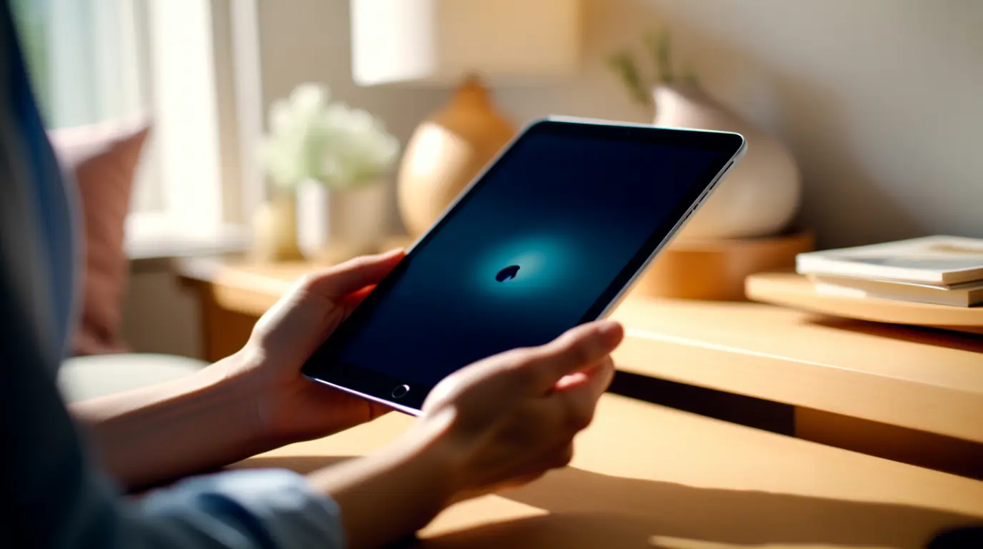 Close-up of a small blue dot visible on a dark iPad screen near the corner.