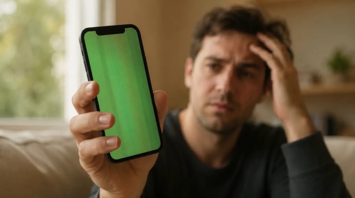 Person holding an iPhone with a green-tinted screen indoors.