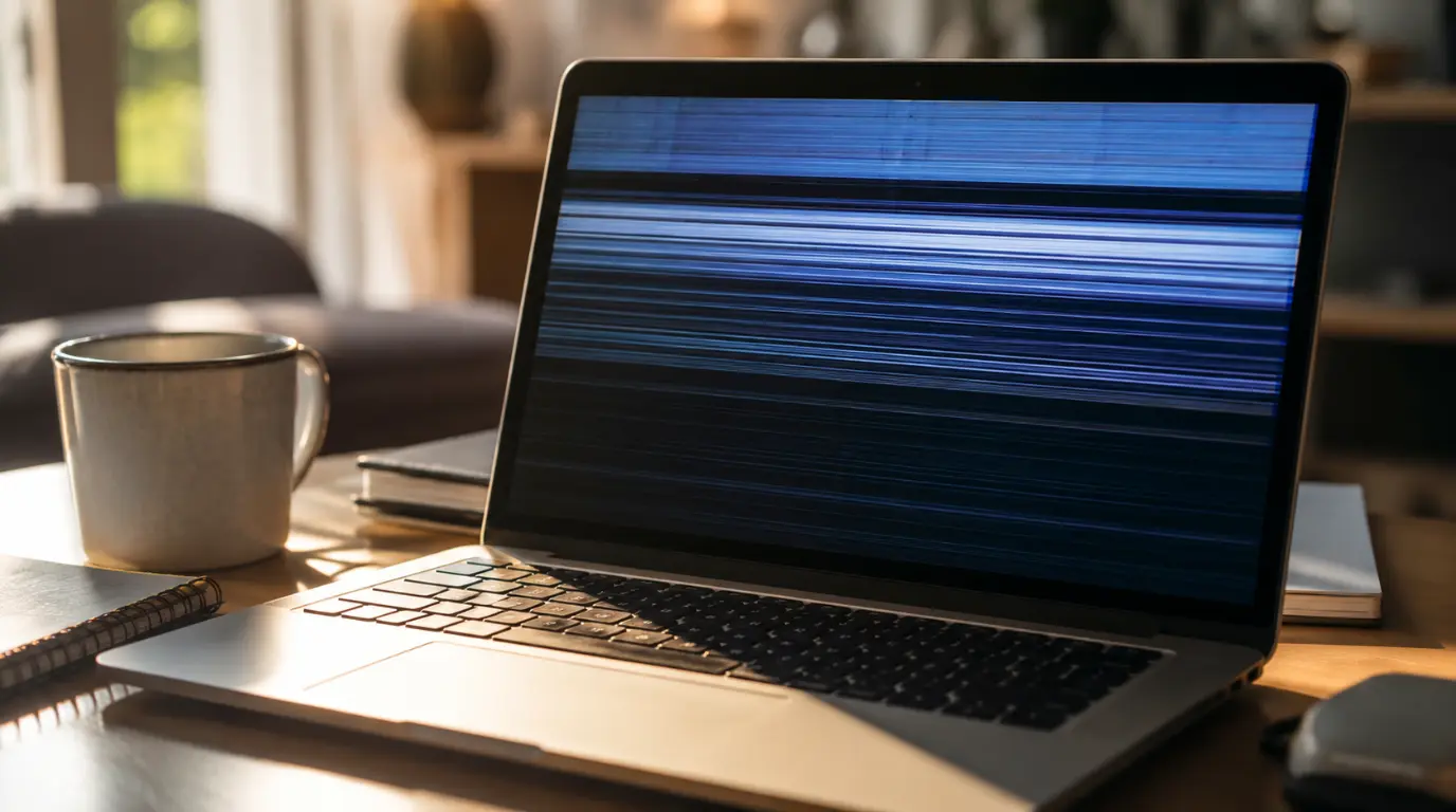 Acer laptop screen showing visible flicker lines on a home desk in natural light.