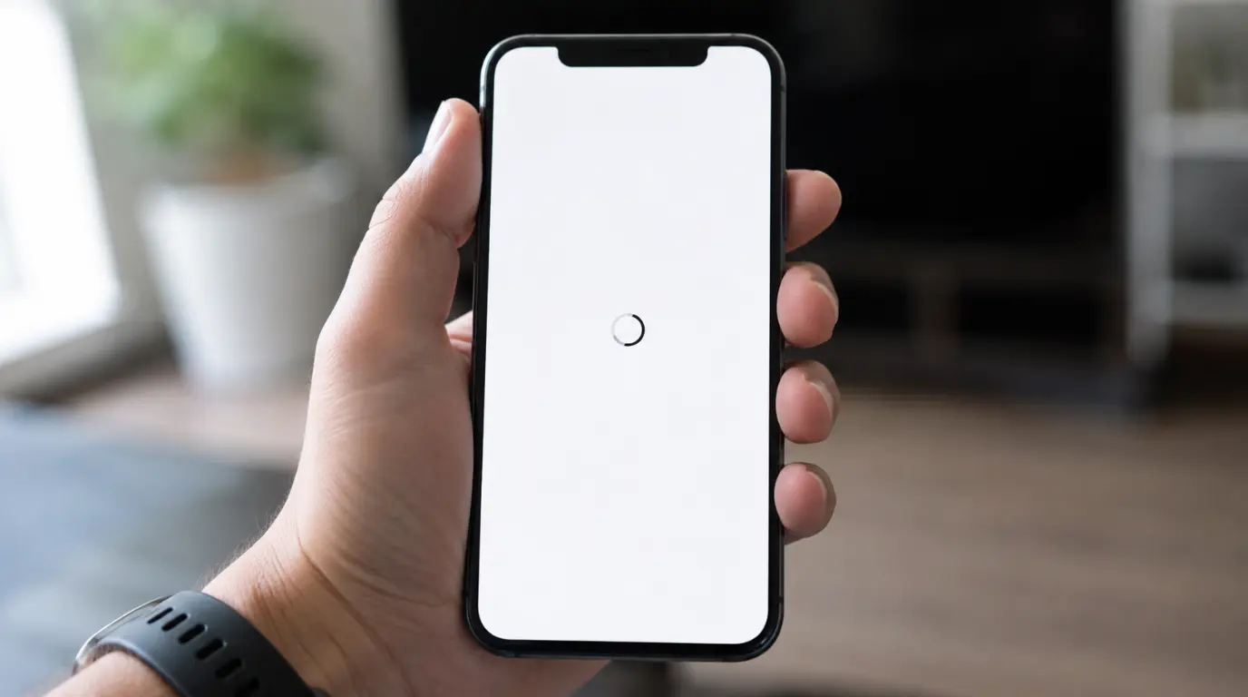 Smartphone showing Google Photos app stuck on a white screen while loading