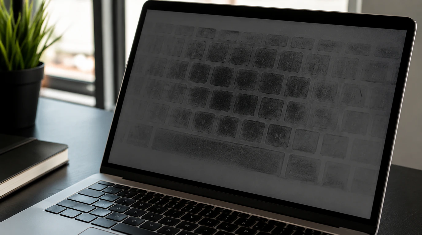 Keyboard marks visible as grey imprints on a laptop screen display
