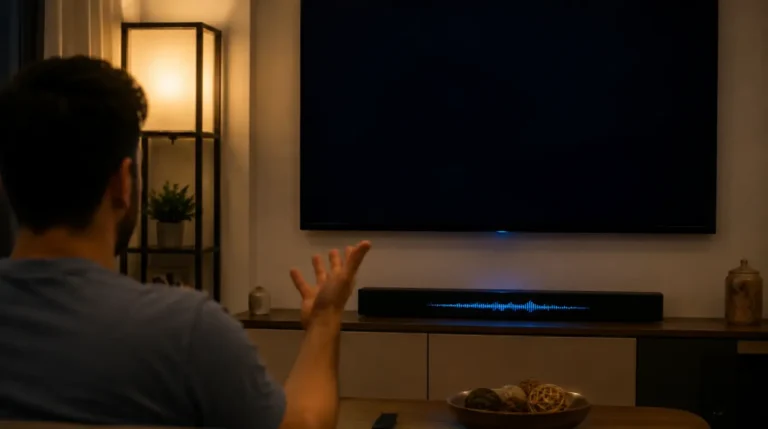 Smart TV showing a black screen at night while a soundbar plays audio, illustrating Netflix screen black but audio still works issue