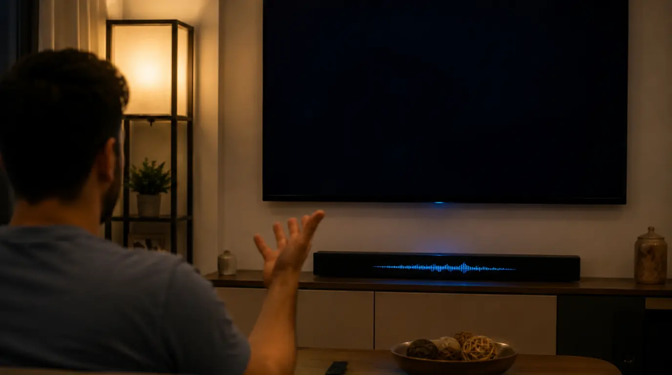 Smart TV showing a black screen at night while a soundbar plays audio, illustrating Netflix screen black but audio still works issue