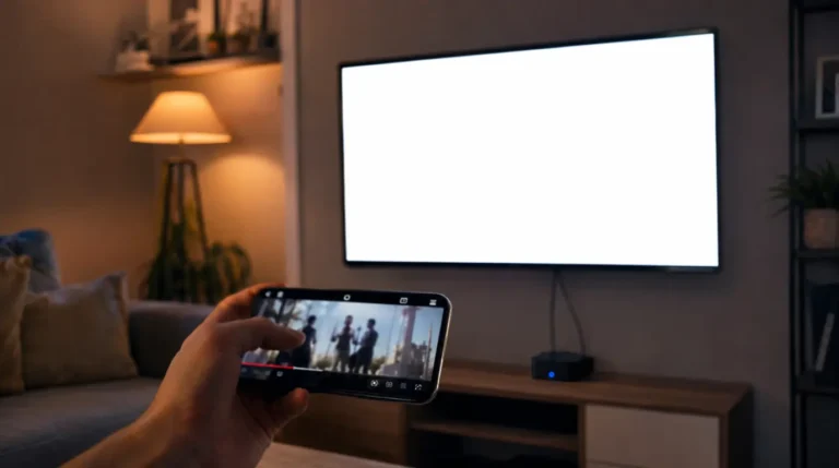 "Smart TV showing a blank white screen while a person casts a YouTube video from their smartphone in a living room"
