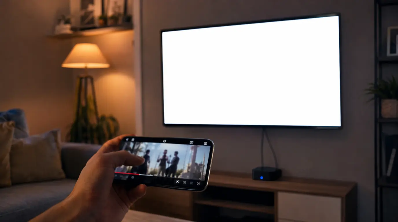 "Smart TV showing a blank white screen while a person casts a YouTube video from their smartphone in a living room"