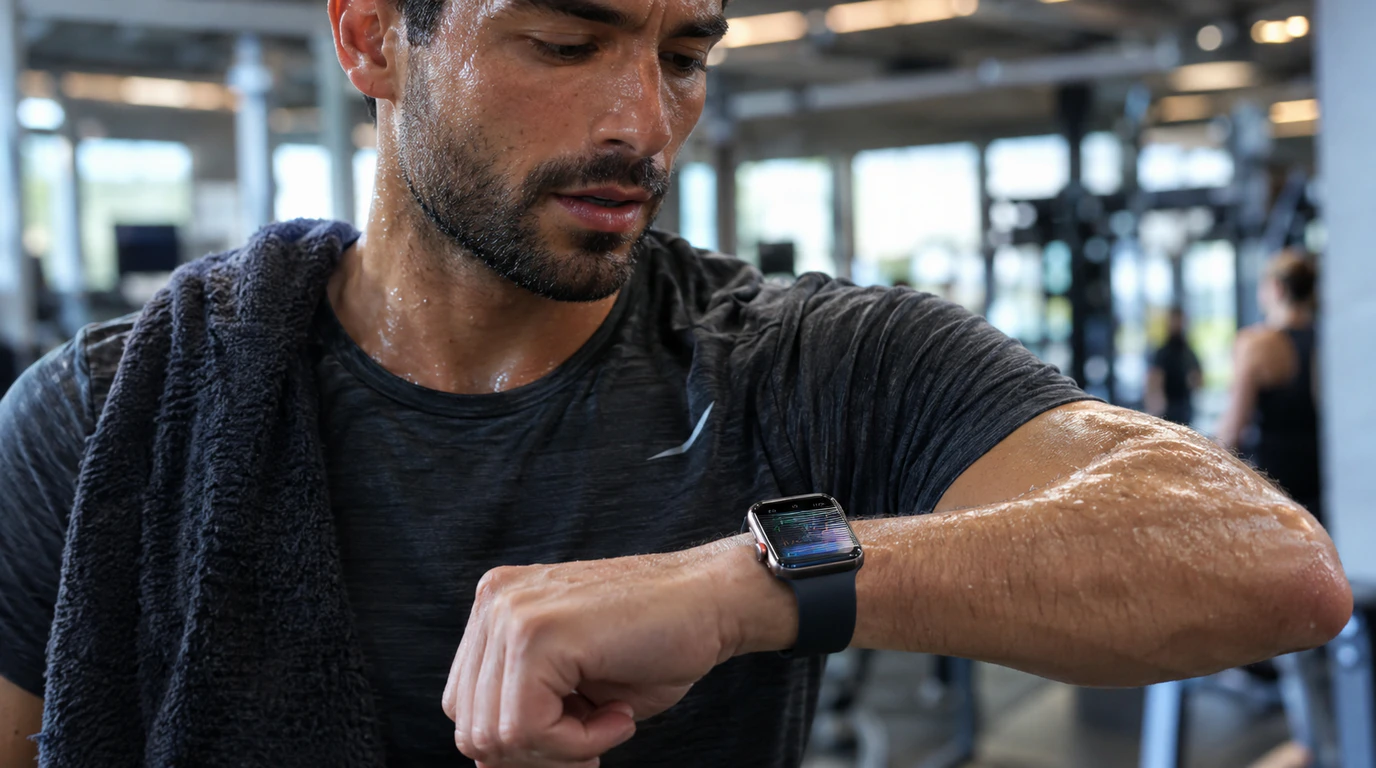 Man checking flickering Apple Watch screen on sweaty wrist during workout at gym