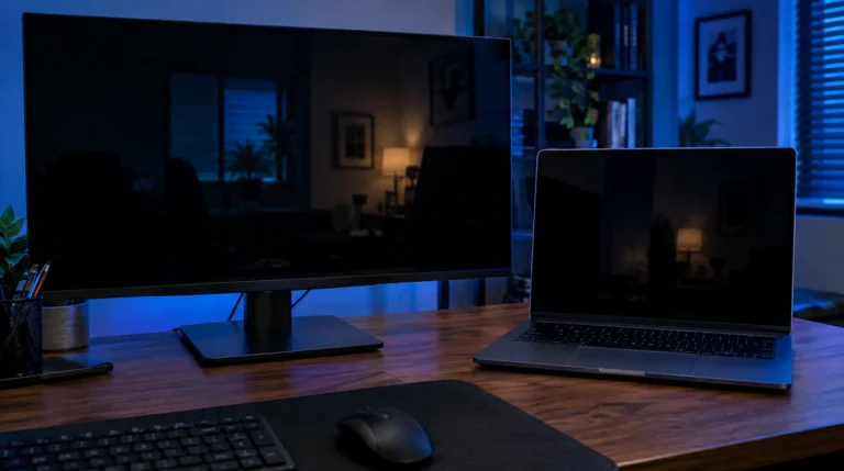 Laptop and desktop monitor both showing a completely black screen in a dim home office
