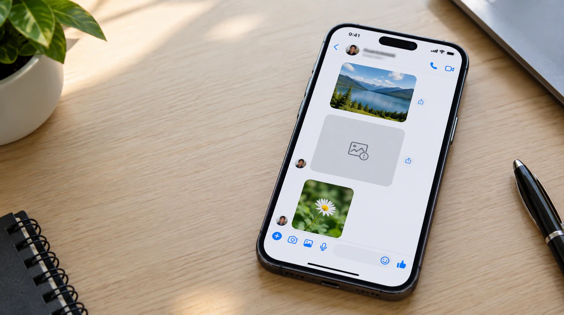 Smartphone showing a Messenger chat with a grey blank photo placeholder