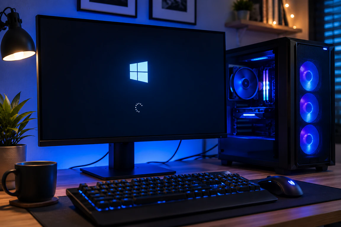 Desktop PC monitor stuck in boot screen showing frozen Windows loading logo