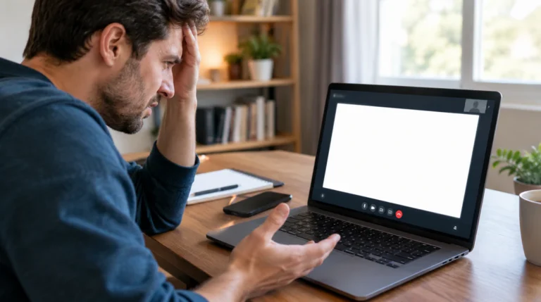 Person frustrated by a Google Meet white screen on laptop during a video call