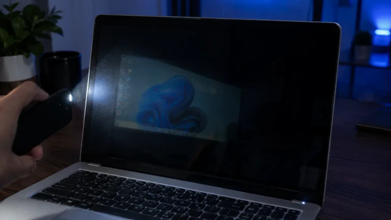 Laptop with a black screen while a phone flashlight reveals a faint desktop image
