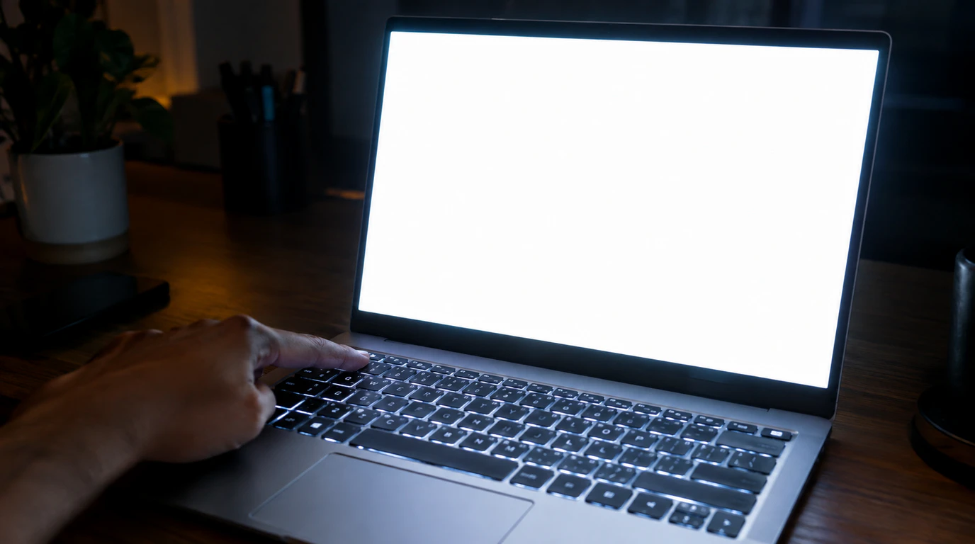 Laptop screen stuck at maximum brightness glowing in a dark room while a hand adjusts the brightness key
