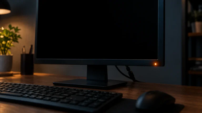 Monitor with black screen and a blinking amber power light on the bezel