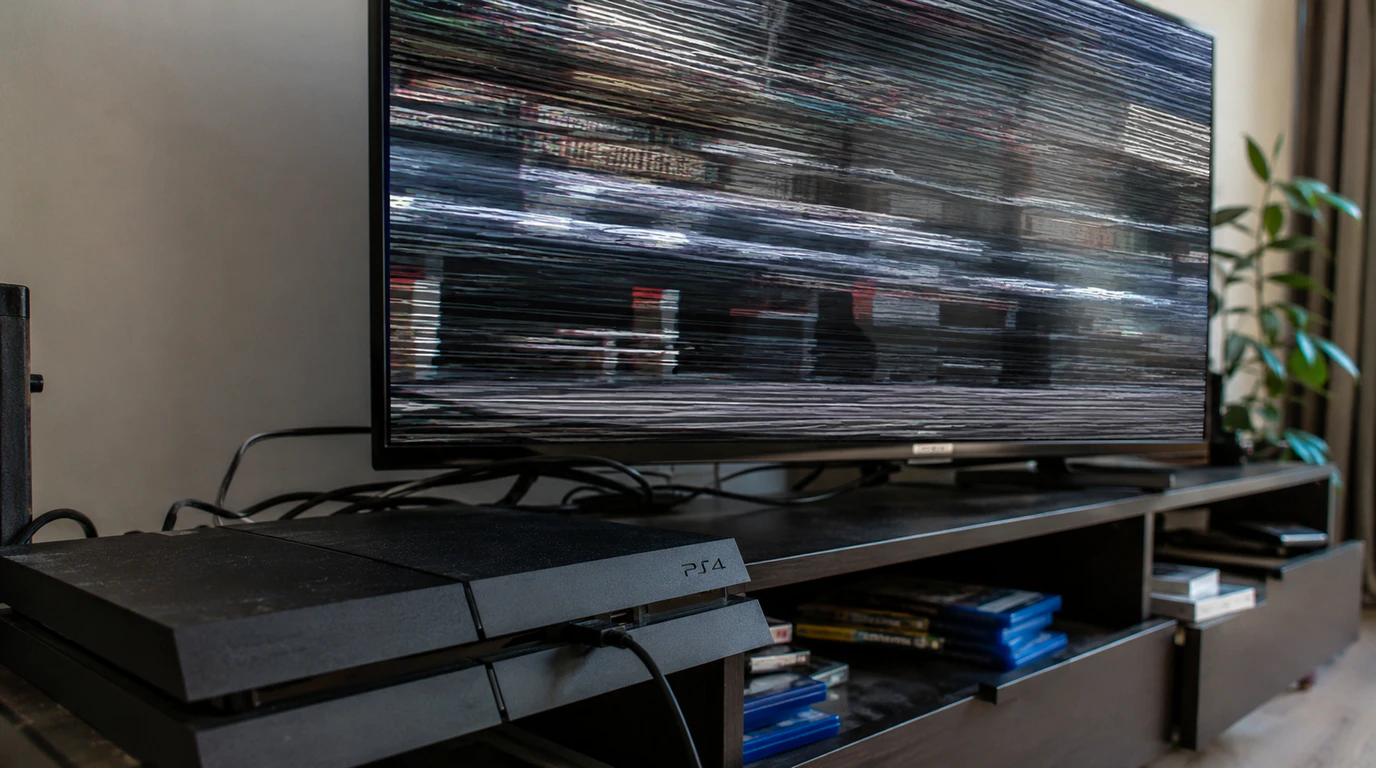 "PS4 console with TV screen showing visible flickering while playing"