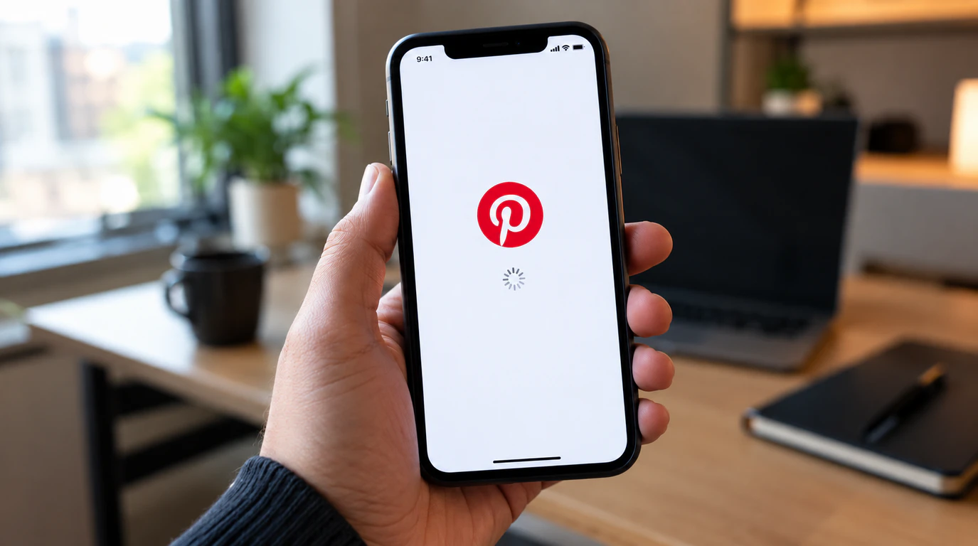 "Smartphone showing a frozen app splash screen with spinning loader, similar to Pinterest app stuck on splash screen issue"
