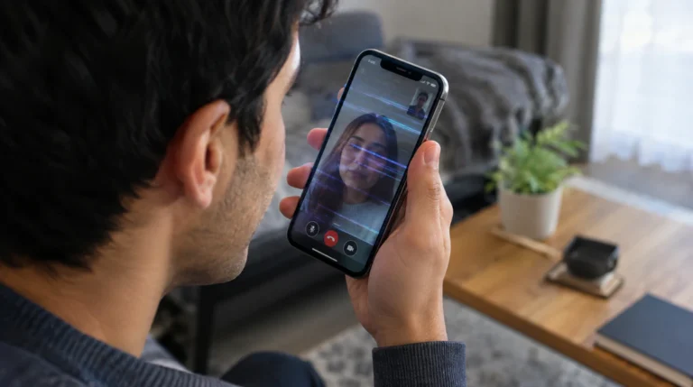 Person holding smartphone to ear during a call with screen flickering effect visible