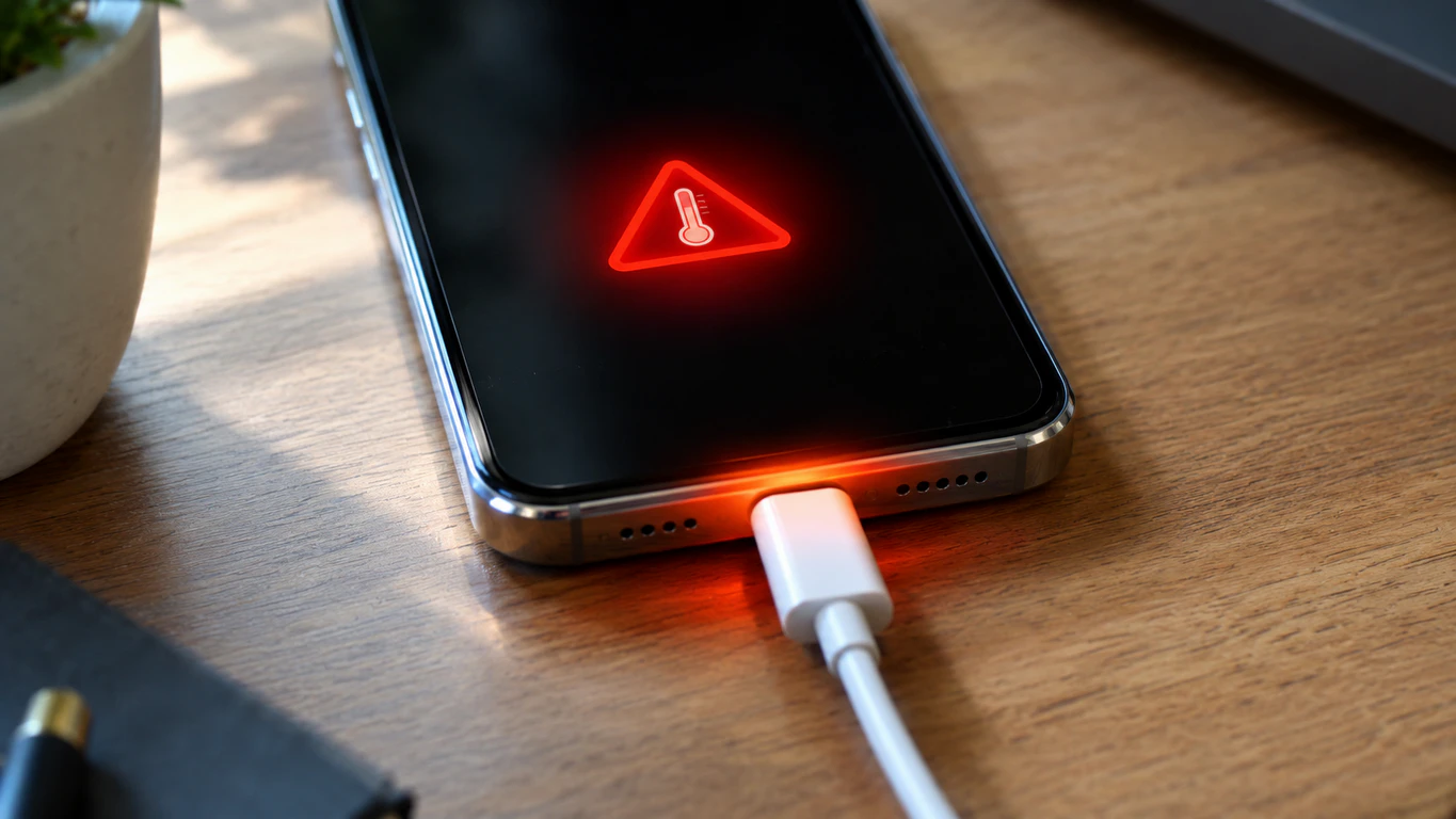 Phone screen showing red overheating warning icon while plugged in to charge