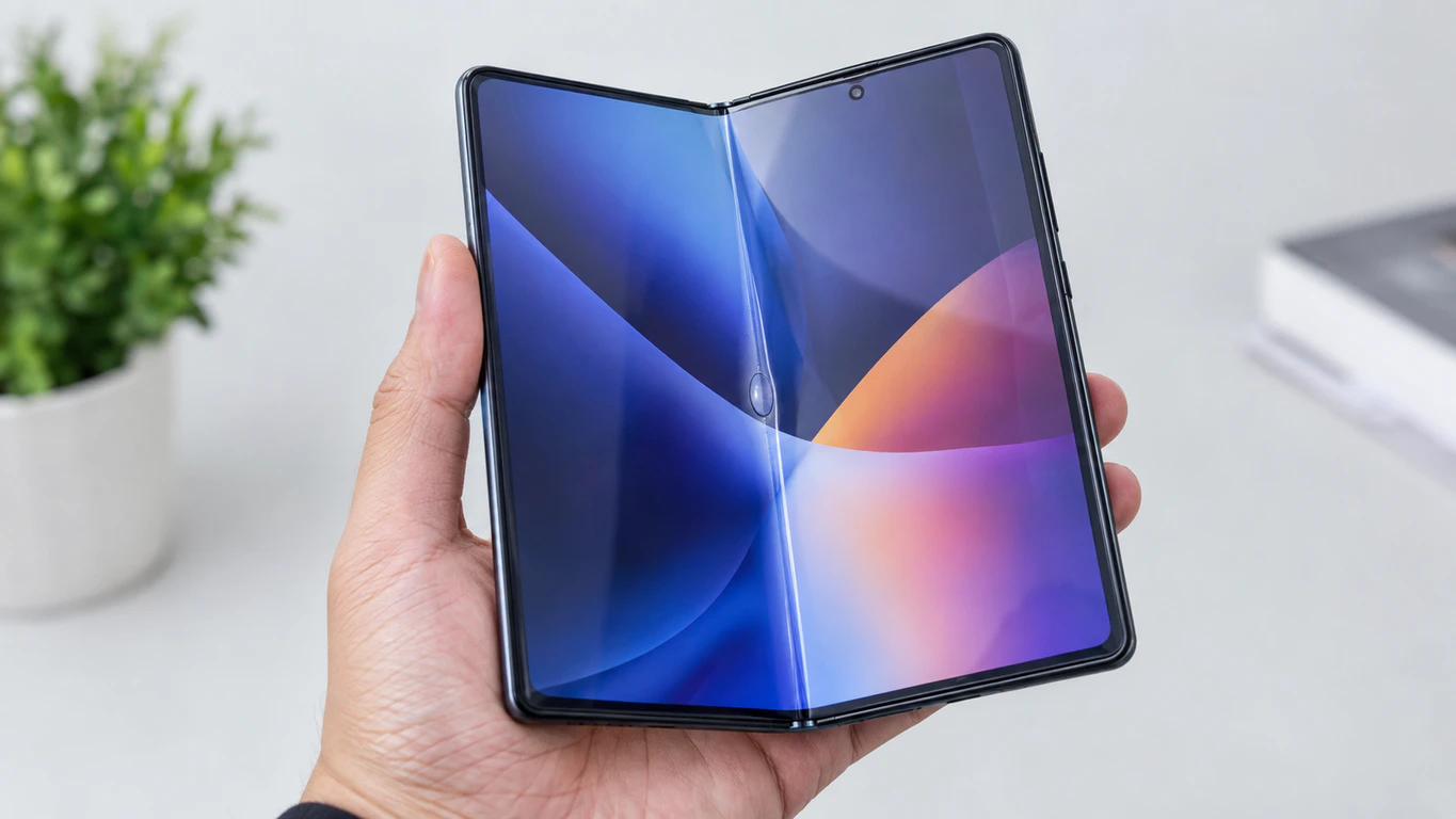 "Foldable phone held open showing air bubble under screen protector at the center crease"