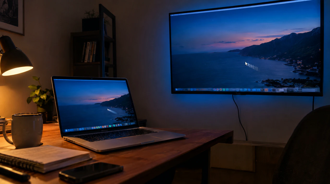 Laptop mirrored to a TV screen showing lag delay while projecting a second screen at home
